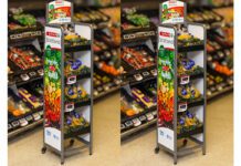 Spar Scotland launches new Healthy Living Programme stands An image of the Spar Scotland Healthy Living Programme dual-branded standing unit with shelves of fruit and veg behind the stands.