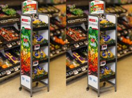 Spar Scotland launches new Healthy Living Programme stands An image of the Spar Scotland Healthy Living Programme dual-branded standing unit with shelves of fruit and veg behind the stands.