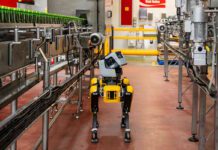 CCEP introduces new robot Spot dog to UK sites A Boston Dynamics Spot dog walks around the Coca-Cola East Kilbride plant inspecting bottling lines.