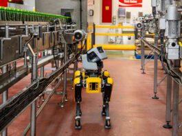 CCEP introduces new robot Spot dog to UK sites A Boston Dynamics Spot dog walks around the Coca-Cola East Kilbride plant inspecting bottling lines.