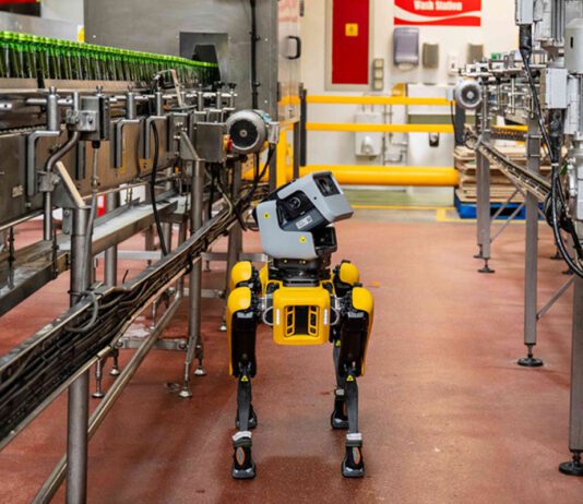 CCEP introduces new robot Spot dog to UK sites A Boston Dynamics Spot dog walks around the Coca-Cola East Kilbride plant inspecting bottling lines.