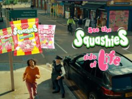 Swizzels pushes Squashies range in new TV ad campaign A still image from the 'See the Squashies side of life' ad campaign for Swizzels with a woman walking down a street with inflatable characters near her. Packs of Swizzels Squashies variants are also included in the imagery.
