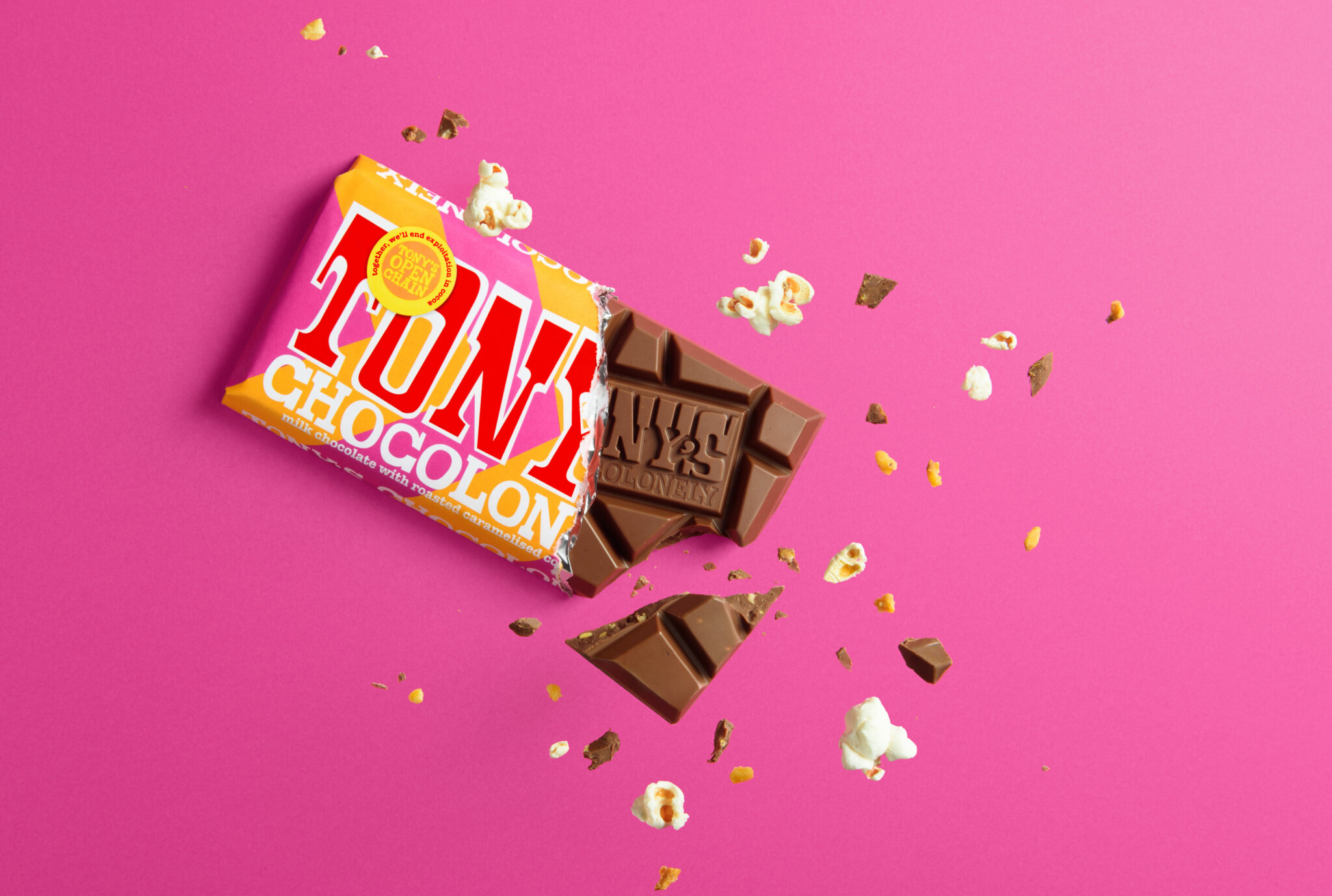 The new Popcorn Crunch bar is described as being packed with roasted, caramelised popcorn pieces and covered in Tony's Chocolonely's creamy signature milk chocolate.