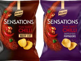 Walkers brings new textures to Sensations range Pack shots of Walkers Sensations Thai Sweet Chilli Wavy Cut and Poppadoms variants.