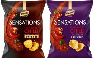 Walkers brings new textures to Sensations range Pack shots of Walkers Sensations Thai Sweet Chilli Wavy Cut and Poppadoms variants.
