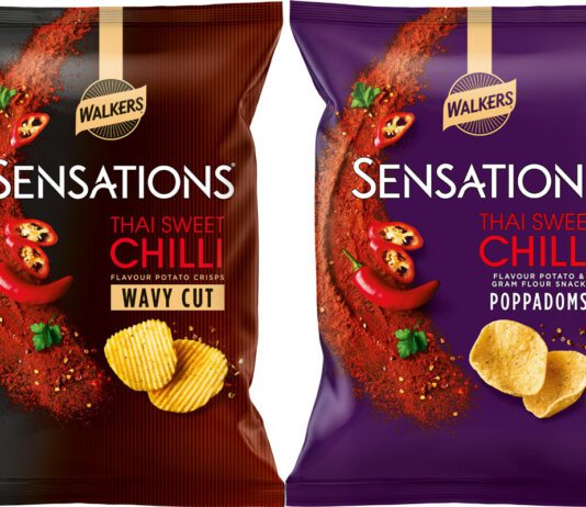 Walkers brings new textures to Sensations range Pack shots of Walkers Sensations Thai Sweet Chilli Wavy Cut and Poppadoms variants.