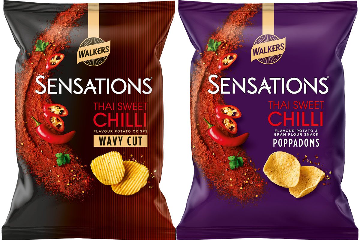 Pack shots of Walkers Sensations Thai Sweet Chilli Wavy Cut and Poppadoms variants.