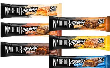 Warrior Crunch rolls out refreshed packaging Pack shots of Warrior Crunch bars in White Chocolate, Banoffee Pie, Dark Chocolate Peanut, Fudge Brownie, Choc Chip Cookie Dough and Salted Caramel.