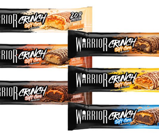 Warrior Crunch rolls out refreshed packaging Pack shots of Warrior Crunch bars in White Chocolate, Banoffee Pie, Dark Chocolate Peanut, Fudge Brownie, Choc Chip Cookie Dough and Salted Caramel.