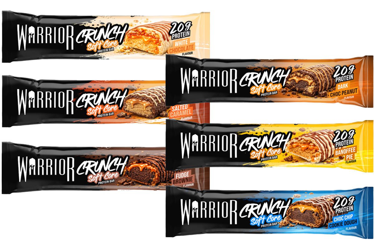 Pack shots of Warrior Crunch bars in White Chocolate, Banoffee Pie, Dark Chocolate Peanut, Fudge Brownie, Choc Chip Cookie Dough and Salted Caramel.
