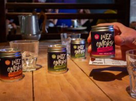 Wee Smoky taps into RTD demand with cocktail range A table with Wee Smoky cocktail cans on it and glasses with a person holding one of the cans in their hand.