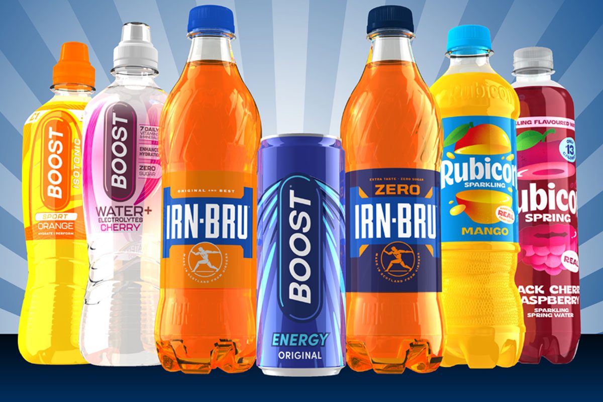 Pack shots of Boost Sport Orange, Boost Water+, Irn-Bru, Boost Energy Original, Irn-Bru Zero, Rubicon Sparkling Mango and Rubicon Spring Black Cherry Raspberry.
