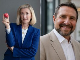 Allwyn CEO steps down from position Andria Vidler, outgoing chief executive at Allwyn stands holding a lottery ball in the image on the left. The image on the right features a head shot of Phil Walker, interim chief executive at Allwyn.