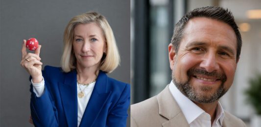 Allwyn CEO steps down from position Andria Vidler, outgoing chief executive at Allwyn stands holding a lottery ball in the image on the left. The image on the right features a head shot of Phil Walker, interim chief executive at Allwyn.