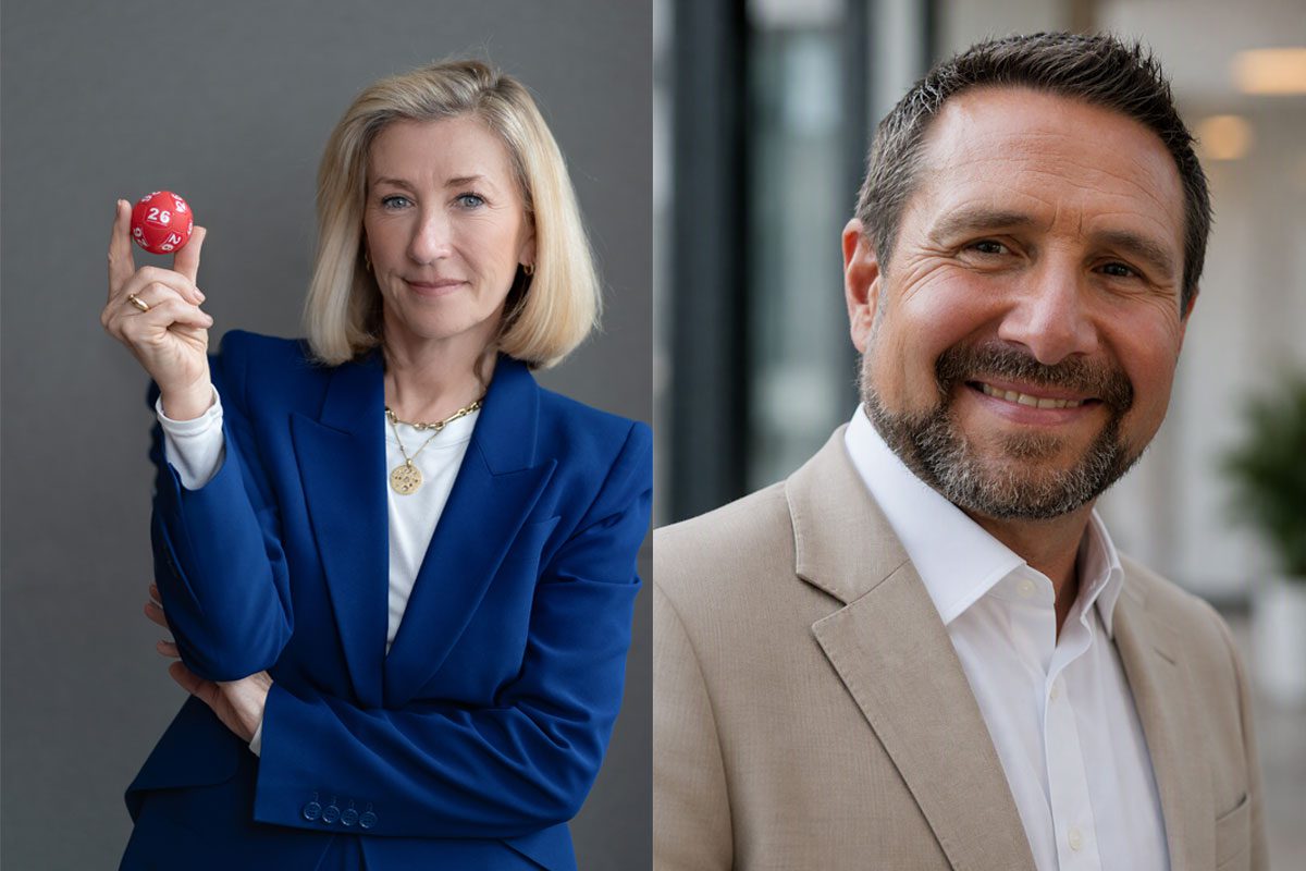 Andria Vidler, outgoing chief executive at Allwyn stands holding a lottery ball in the image on the left. The image on the right features a head shot of Phil Walker, interim chief executive at Allwyn.