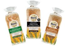 Biona expands on bakery range Pack shots of Biona organic sliced bread in Bakehouse White Sliced, Bakehouse Wholemeal Sliced and Bakehouse Protein Sliced.