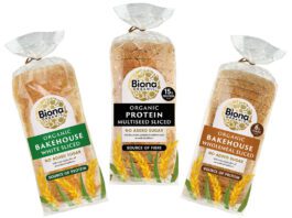 Biona expands on bakery range Pack shots of Biona organic sliced bread in Bakehouse White Sliced, Bakehouse Wholemeal Sliced and Bakehouse Protein Sliced.