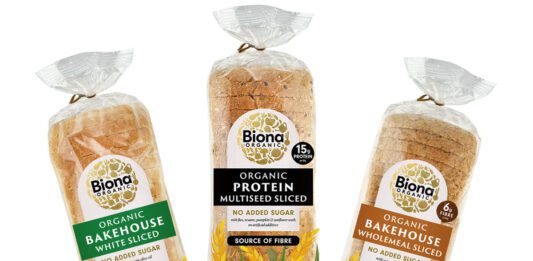 Biona expands on bakery range Pack shots of Biona organic sliced bread in Bakehouse White Sliced, Bakehouse Wholemeal Sliced and Bakehouse Protein Sliced.