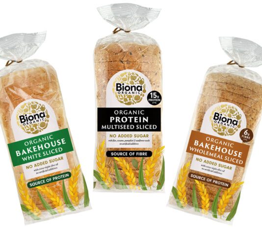 Biona expands on bakery range Pack shots of Biona organic sliced bread in Bakehouse White Sliced, Bakehouse Wholemeal Sliced and Bakehouse Protein Sliced.