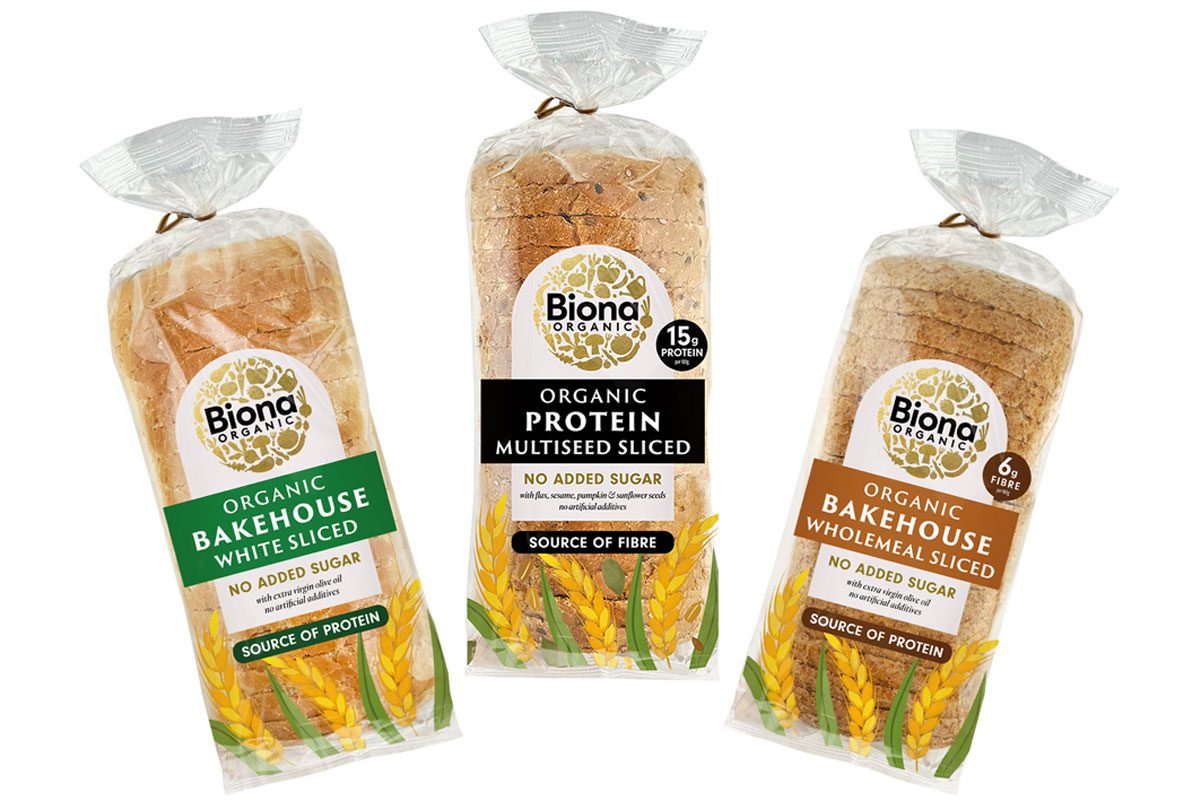 Pack shots of Biona organic sliced bread in Bakehouse White Sliced, Bakehouse Wholemeal Sliced and Bakehouse Protein Sliced.