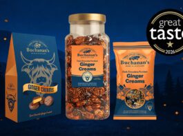 Buchanan’s wins Great Taste Award for Ginger Creams Promotional image of Buchanan's Dark Chocolate Fondant Ginger Creams winning a Great Taste Award featuring pack shots of Buchanan's Ginger Creams in three different pack formats.