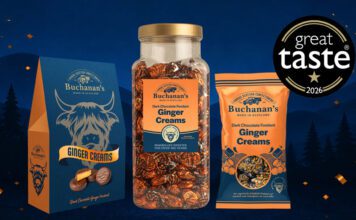 Buchanan’s wins Great Taste Award for Ginger Creams Promotional image of Buchanan's Dark Chocolate Fondant Ginger Creams winning a Great Taste Award featuring pack shots of Buchanan's Ginger Creams in three different pack formats.