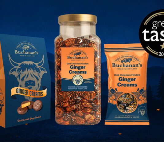 Buchanan’s wins Great Taste Award for Ginger Creams Promotional image of Buchanan's Dark Chocolate Fondant Ginger Creams winning a Great Taste Award featuring pack shots of Buchanan's Ginger Creams in three different pack formats.