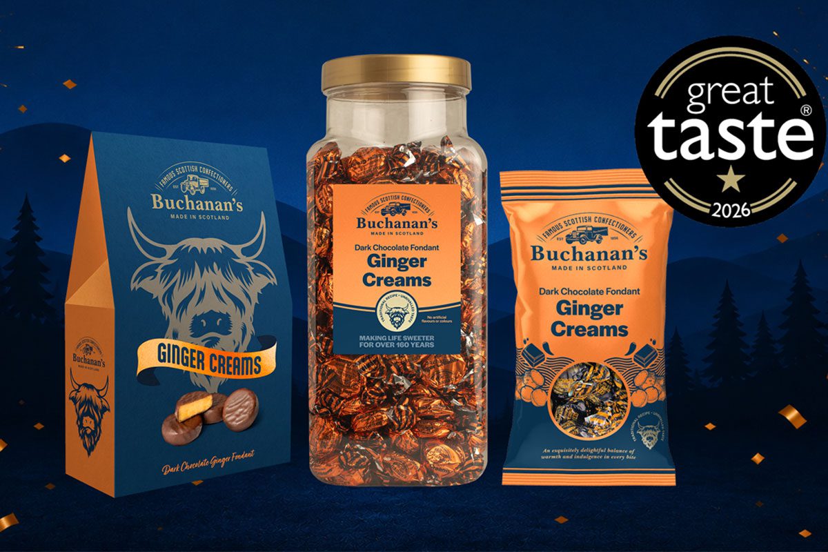 Promotional image of Buchanan's Dark Chocolate Fondant Ginger Creams winning a Great Taste Award featuring pack shots of Buchanan's Ginger Creams in three different pack formats.