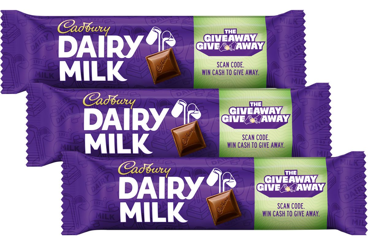 Pack shots of Cadbury Dairy Milk bars with the Giveaway Give Away campaign on packs.