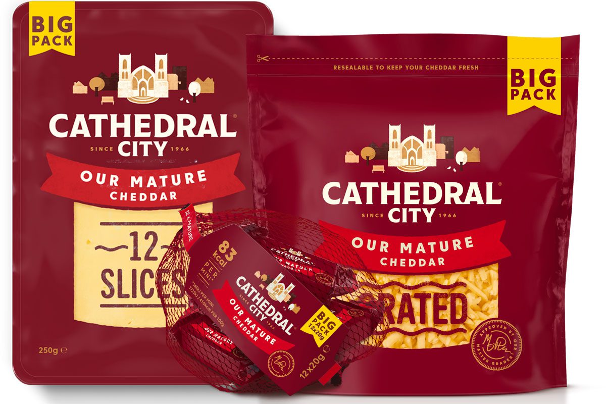 Pack shots of Cathedral City formats including Sliced, Grated and Mini Cheddars.