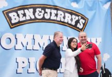 Chris Cobb wins UK-wide Ben & Jerry’s competition Chris Cobb, store owner of Cults Stores – KeyStore, stands with Ghayda Jameel, senior account exec at Cirkle, and Andrew Young, business development exec at The Magnum Ice Cream Company, stand together to take a selfie in front of the Ben & Jerry's Community Picnic banner.