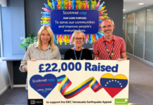 Scotmid raises £22k for Venezuela earthquake appeal Team members from Scotmid Co-op stands holding a banner highlighting a £22,000 donation from Scotimd to the Disasters Emergency Committee Venezuela Earthquake Appeal.
