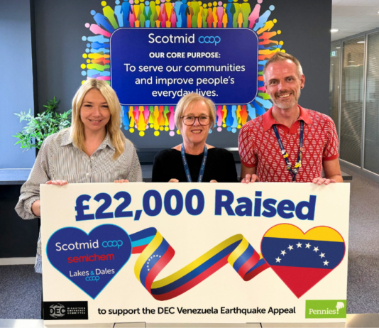Scotmid raises £22k for Venezuela earthquake appeal Team members from Scotmid Co-op stands holding a banner highlighting a £22,000 donation from Scotimd to the Disasters Emergency Committee Venezuela Earthquake Appeal.
