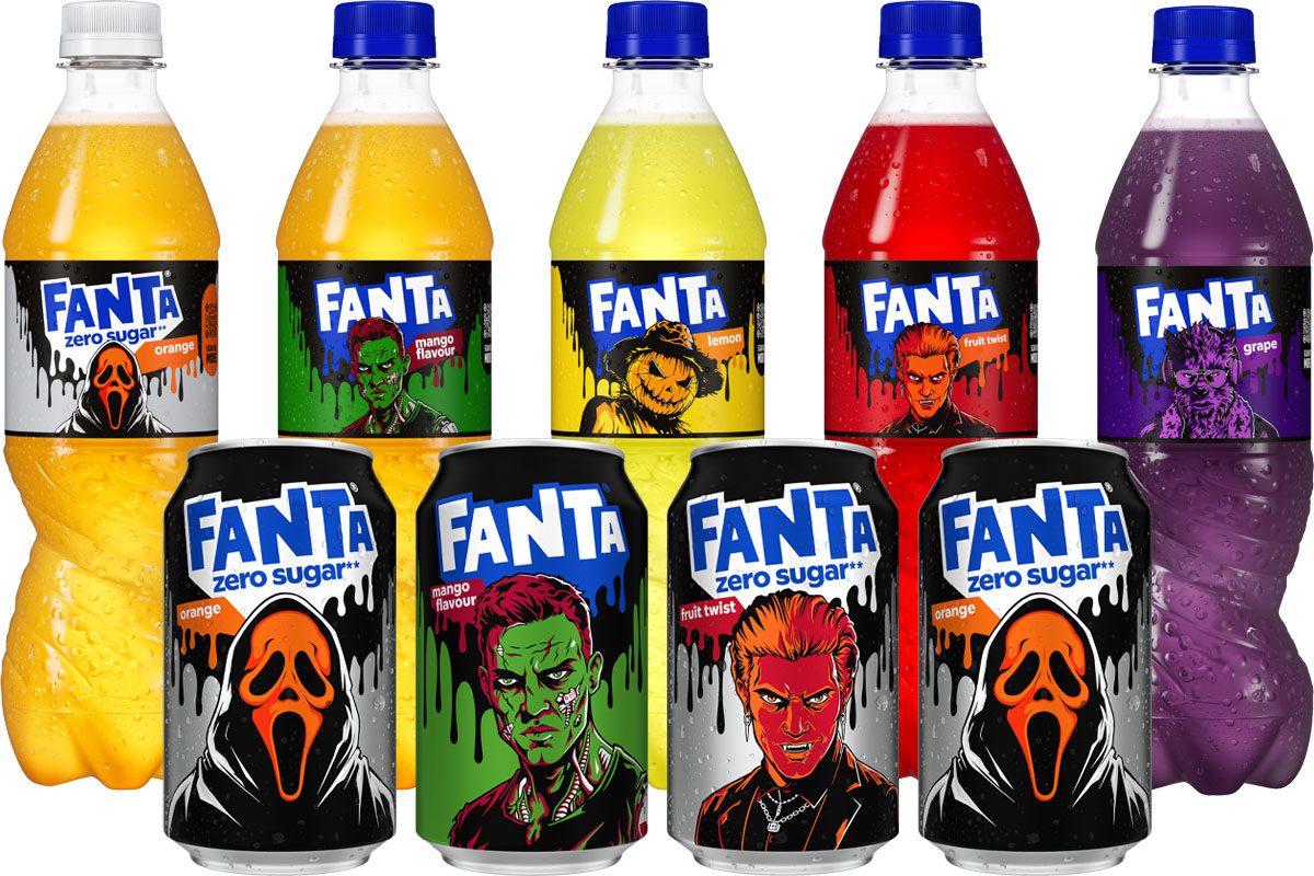 Pack shots of Fanta variants across 500ml bottles and 330ml cans featuring 'Horrorverse' designs for Halloween 2026.