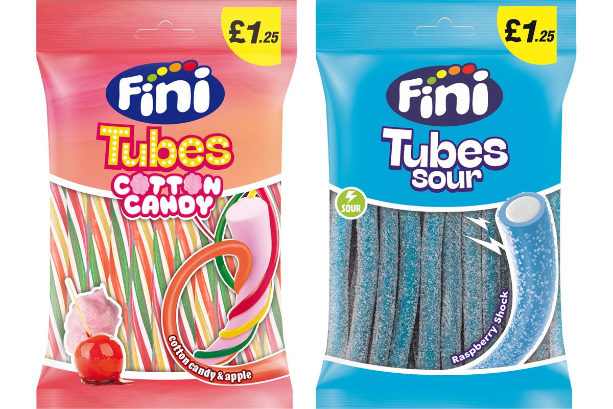 Pack shots of Fini Tubes Cotton Candy and Fini Tubes Sour Blue Raspberry.