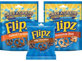 Flipz unveils new format and returning prize promo Pack shots of Flipz Milk Chocolate Singles 39g and Flipz Salted Caramel and Cinnamon Bun packs with the Grab a Grand promo across the packs.