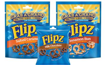 Flipz unveils new format and returning prize promo Pack shots of Flipz Milk Chocolate Singles 39g and Flipz Salted Caramel and Cinnamon Bun packs with the Grab a Grand promo across the packs.