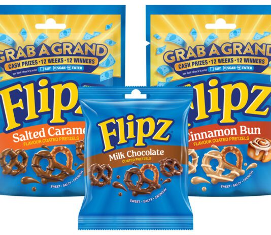 Flipz unveils new format and returning prize promo Pack shots of Flipz Milk Chocolate Singles 39g and Flipz Salted Caramel and Cinnamon Bun packs with the Grab a Grand promo across the packs.