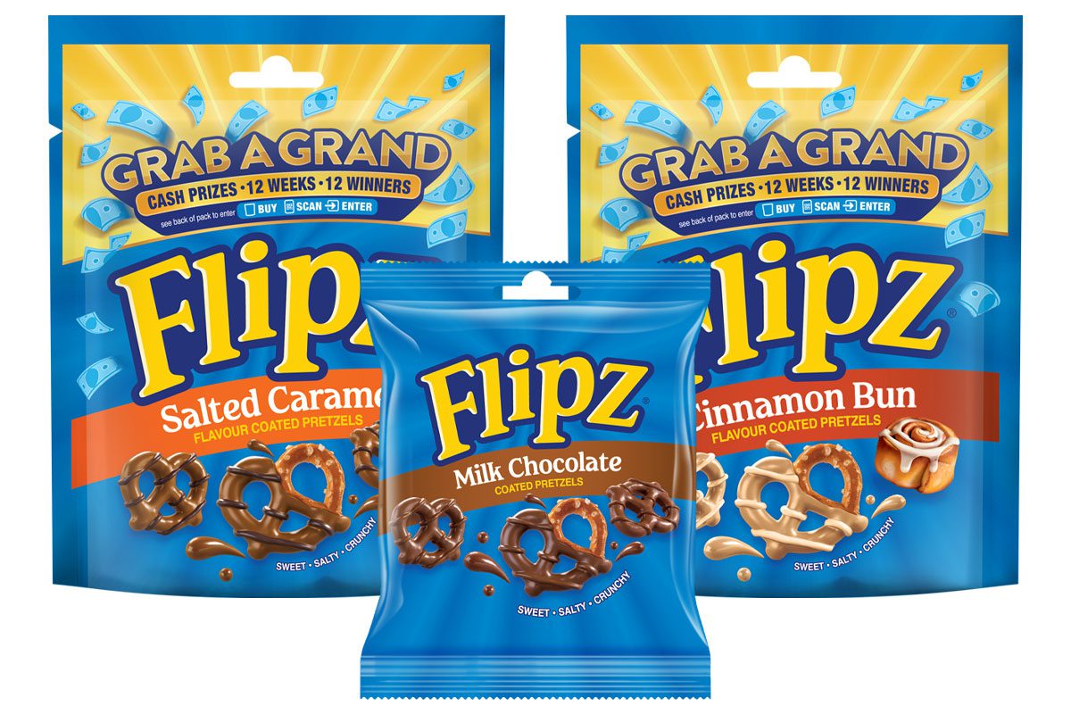 Pack shots of Flipz Milk Chocolate Singles 39g and Flipz Salted Caramel and Cinnamon Bun packs with the Grab a Grand promo across the packs.