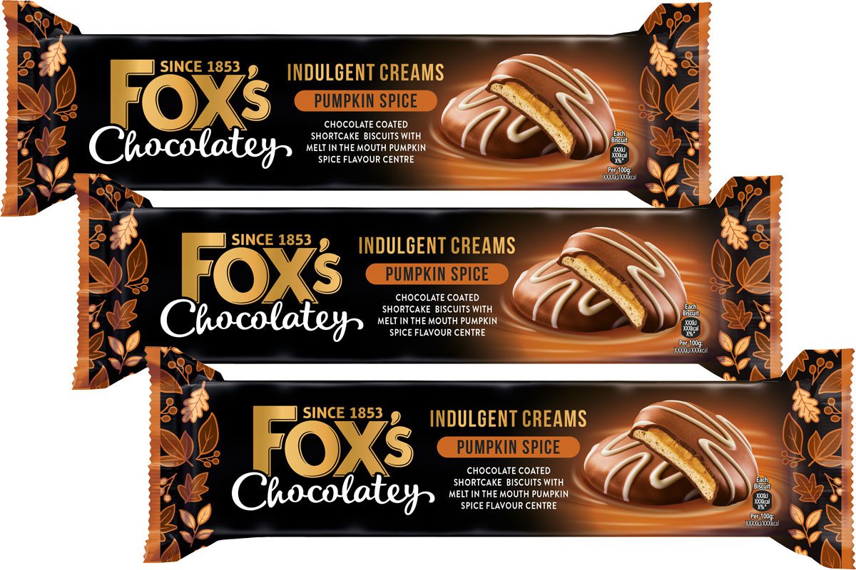 Pack shots of Fox's Chocolatey Pumpkin Spice Creams biscuits.
