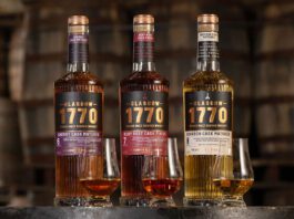 Glasgow 1770 rolls out Batch 2 whisky trio Bottles of Glasgow 1770 Batch 2 sit on a barrel with nosing glasses in front of them with samples of the whiskies inside. (L to R) Glasgow 1770 Sherry Cask Matured, Glasgow 1770 Ruby Port Cask Finish and Glasgow 1770 Bourbon Cask Matured.