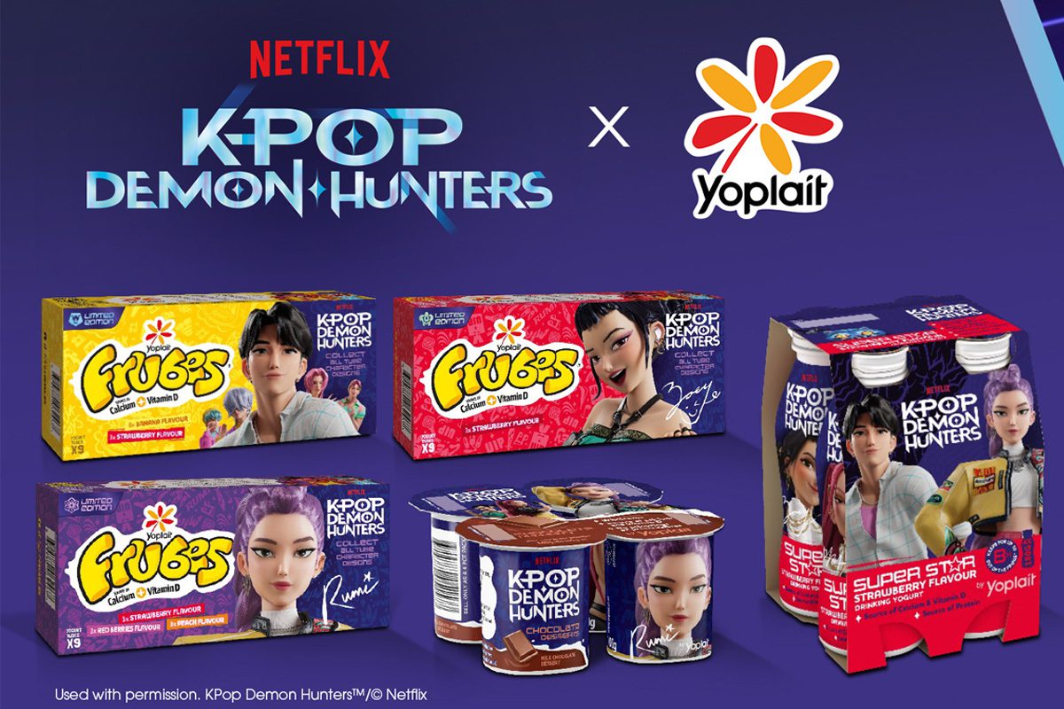 Promotional image of the Yoplait and Netflix K-Pop Demon Hunters range featuring packs of Frubes, yoghurts and yoghurt drinks with characters from the animated film.