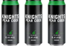 Knights Cider expands with Premium Pear Pack shots of Knights Cider Premium Pear cans.