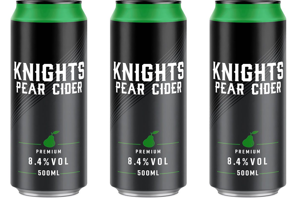 Pack shots of Knights Cider Premium Pear cans.