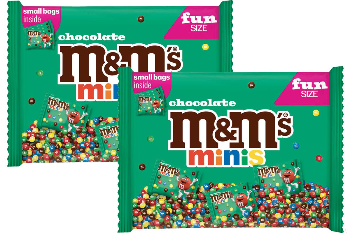 Pack shots of M&Ms Minis multipacks bags.