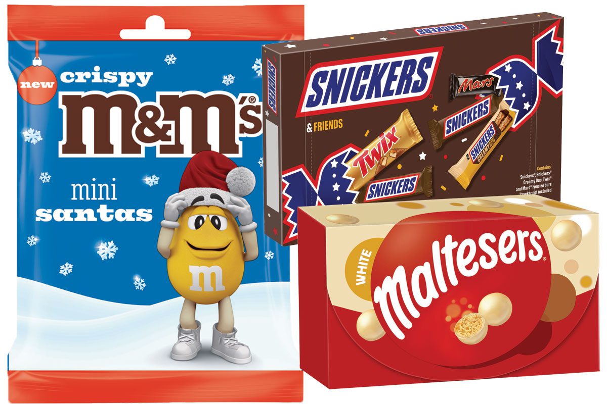 Pack shots of Crispy M&M's Mini Santas sharing pack, Snickers & Friends selection box and Maltesers White box.