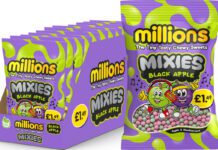Golden Casket rolls out new Millions Mixies Pack shot of Millions Mixies Apple Blackcurrant as well as a full shelf tray of the bags of sweets.
