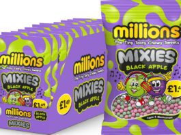 Golden Casket rolls out new Millions Mixies Pack shot of Millions Mixies Apple Blackcurrant as well as a full shelf tray of the bags of sweets.