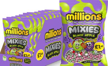 Golden Casket rolls out new Millions Mixies Pack shot of Millions Mixies Apple Blackcurrant as well as a full shelf tray of the bags of sweets.