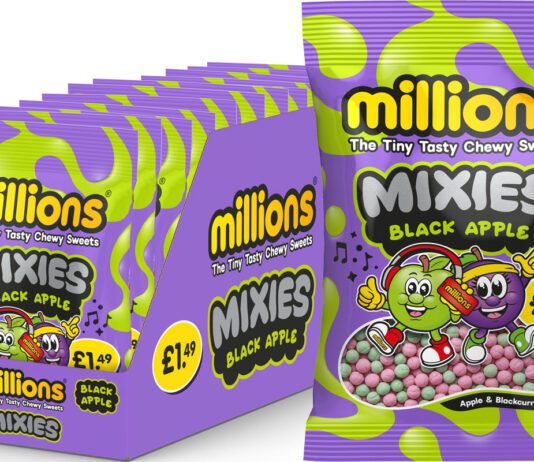 Golden Casket rolls out new Millions Mixies Pack shot of Millions Mixies Apple Blackcurrant as well as a full shelf tray of the bags of sweets.